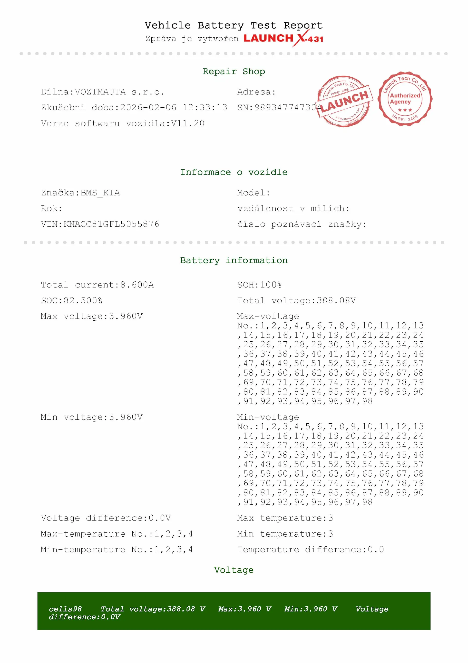 Náhled první stránky protokolu diagnostiky baterie